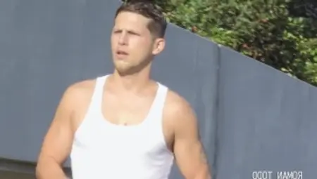 Bromo: Tattooed & athletic jock in collar bareback blowjob cum