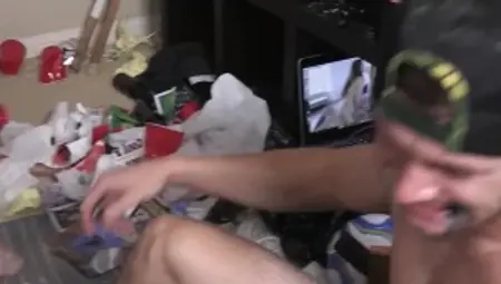 Dick Dorm - Bareback handjob in tandem with hairy jock